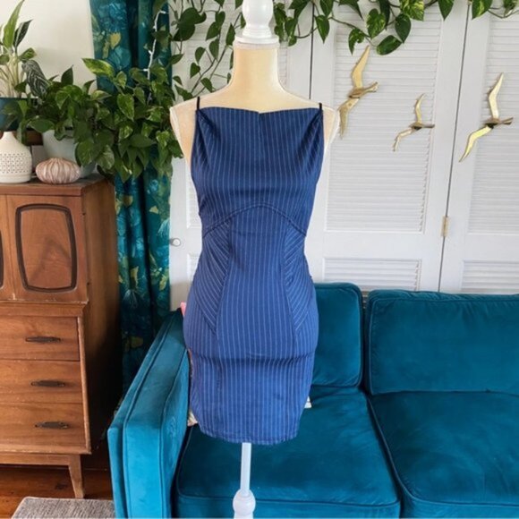 Urban Outfitters | Complex High Neck Mini Dress Blue Multi Pinstripe Stretch New - Picture 3 of 15